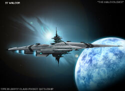  absurdres artist_name battleship_(eve_online) blue_theme cannon clouds commentary concept_art english_text eve_online flying glowing highres in_orbit military_vehicle no_humans original outdoors planet science_fiction sky space spacecraft spacecraft_turret star_(sky) starry_sky thrusters vehicle_focus walcor 