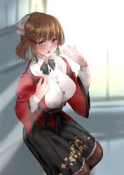  1girl asahi_(kancolle) asyuri black_bow black_bowtie black_hakama black_pantyhose bow bowtie braid breasts brown_hair coat collared_shirt commentary_request dress_shirt fanning_self feet_out_of_frame grey_eyes hakama highres japanese_clothes kantai_collection large_breasts light_rays long_sleeves mole mole_under_mouth pantyhose red_coat ribbon shirt short_hair single_braid solo sunbeam sunlight white_ribbon 