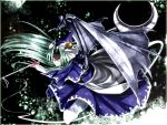  bat_wings crescent dress green_eyes green_hair hat highres kazetto long_hair mima solo staff touhou wings wizard_hat 