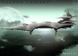  absurdres artist_name battleship_(eve_online) cannon clouds commentary concept_art english_text eve_online floating green_background green_sky highres military military_vehicle no_humans original outdoors planet science_fiction sky spacecraft spacecraft_turret thrusters vehicle_focus walcor 