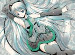  1girl arm_above_head arm_up armpits bad_id belt black_skirt blue_eyes dress elbow_gloves eyebrows_visible_through_hair female flat_chest hatsune_miku highres long_hair moonsorrow necktie panties ribbon skirt solo source_request thigh_highs thighhighs twintails uniform vocaloid 