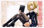  blonde_hair boots choker death_note death_note_(object) detached_sleeves elbow_gloves fingernails garter_straps gothic highres legs lipstick long_hair nail_polish official_art orange_eyes scan sitting skirt thigh_highs thighhighs twintails 