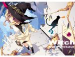  cat english hat highres looking_back original purple_eyes short_hair skirt solo tatami_to_hinoki witch witch_hat 