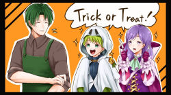  1girl 2boys aplche apron ascot brothers closed_eyes collared_cape commentary_request fire_emblem fire_emblem:_path_of_radiance fire_emblem_heroes fork ghost_costume green_apron green_eyes green_hair halloween_costume high_collar holding holding_fork holding_knife ilyana_(fire_emblem) ilyana_(halloween)_(fire_emblem) knife long_hair multiple_boys official_alternate_costume open_mouth oscar_(fire_emblem) purple_hair rolf_(fire_emblem) rolf_(halloween)_(fire_emblem) short_hair siblings sleeves_rolled_up speech_bubble trick_or_treat violet_eyes 