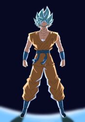  1boy black_background blue_eyes blue_hair clenched_hands dragon_ball dragon_ball_z dragon_ball_z_fukkatsu_no_f full_body highres kazumax76 male_focus orange_pants orange_tunic pants simple_background solo son_goku spiky_hair standing super_saiyan super_saiyan_blue tunic 