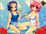  :o absurdres ahoge alpha_(artist) apron blue_eyes blue_hair blush breasts bubble bubble_blowing cleaning_brush cleavage collarbone flower highres impossible_clothes impossible_swimsuit maid maid_headdress multiple_girls one-piece_swimsuit open_mouth pink_hair red_eyes school_swimsuit short_hair sitting smile submerged swimsuit wading wariza water wet white_school_swimsuit white_swimsuit yokozuwari 