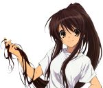 1girl brown_eyes brown_hair jpeg_artifacts long_hair ponytail suzumiya_haruhi suzumiya_haruhi_no_yuuutsu tagme white white_shirt