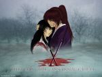  blood himura_kenshin japanese_clothes kamiya_kaoru katana rurouni_kenshin scar signed snow sword 