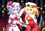 2girls bat_wings blonde_hair blue_hair breast_padding breast_suppress breasts dress fang flandre_scarlet hat hebata multiple_girls pointy_ears ponytail red_eyes remilia_scarlet ribbons short_hair siblings side_ponytail sisters touhou vampire wings