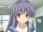  1girl animated animated_gif blush clannad fujibayashi_kyou lowres purple_eyes purple_hair school_uniform screencap solo tsundere uniform 