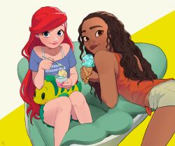  2girls ariel_(disney) armchair bare_arms bare_legs bare_shoulders bent_over blouse blue_eyes brown_eyes brown_hair casual chair character_doll closed_mouth clothes_writing collarbone commentary_request contemporary cup curly_hair dark-skinned_female dark_skin disney eyelashes fingernails flounder_(the_little_mermaid) food fork green_shorts grey_shorts holding holding_cup holding_food holding_fork ice_cream ice_cream_cone knees_together_feet_apart light_blush lips long_hair looking_at_viewer looking_back moana_(movie) moana_waialiki multiple_girls off_shoulder on_chair orange_tank_top pano_(mohayayamai) purple_shirt red_lips red_nails redhead shirt shorts side-tie_shirt simple_background sitting sitting_sideways smile smirk spaghetti_strap stuffed_animal stuffed_fish stuffed_toy swept_bangs tank_top the_little_mermaid thick_eyebrows tongue tongue_out two-tone_background very_long_hair wavy_hair wreck-it_ralph yellow_background yellow_nails 