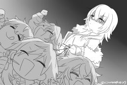  1girl 4boys :d :q ^_^ bare_shoulders black_background ceo_kazari character_request check_character check_copyright closed_eyes closed_mouth collared_shirt copyright_request dutch_angle ex_albio fur_trim gradient_background grey_background greyscale hair_between_eyes holding holding_leash ichinose_uruha ichinose_uruha_(4th_costume) lauren_iroas leash long_hair mole mole_under_eye monochrome multiple_boys neo-porte nijisanji ninahachi shaded_face shirt sleeveless sleeveless_shirt smile tongue tongue_out twitter_username virtual_youtuber vspo! watarai_hibari 