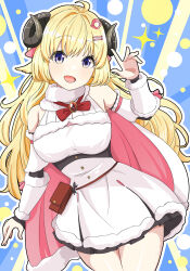  1girl ahoge animal_ears blonde_hair capelet daiichi_(1279220) dress fur-trimmed_dress fur_trim hair_ornament hairpin highres hololive horns long_hair looking_at_viewer open_mouth pink_capelet sheep_ears sheep_girl sheep_horns smile solo tsunomaki_watame tsunomaki_watame_(1st_costume) two-sided_capelet violet_eyes virtual_youtuber white_capelet white_dress 