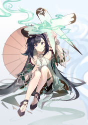  1girl absurdres bare_shoulders black_footwear black_hair comet commentary detached_sleeves dress genshin_impact green_dress green_sleeves grin highres holding holding_kite holding_umbrella kite knees_up lan_yan_(genshin_impact) long_hair oil-paper_umbrella shirix short_dress simple_background sitting sleeveless sleeveless_dress smile smoke solo symbol-only_commentary thigh_strap twitter_username umbrella very_long_hair violet_eyes white_background 