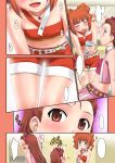  2girls ? belt blush bow comic cool_&amp;_sexy_(idolmaster) drink embarrassed flat_chest idolmaster long_hair midriff minase_iori multiple_girls panicking short_hair shorts sweat takatsuki_yayoi twintails yuri zanzi 