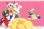 3girls :d blonde_hair bloomers breasts brown_hair cat_ears cat_tail chen chibi cleavage closed_eyes earrings elbow_gloves fang fox_tail gloves hat jewelry long_hair multiple_tails mzh open_mouth red_eyes short_hair smile tail touhou wink yakumo_ran yakumo_yukari yellow_eyes