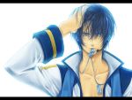  blue_eyes blue_hair dog_tags headphones kaito male short_hair solo sweat vocaloid yuuno_(yukioka) 
