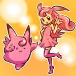  1girl bare_shoulders blush blush_stickers clefable dress flat_chest hitec leg_up loli long_hair moemon personification pink pink_hair pokemon pokemon_(creature) pokemon_(game) pokemon_rgby simple_background skirt sleeveless standing thigh_highs thighhighs wings wink zettai_ryouiki 