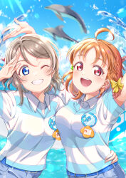  2girls absurdres animal arm_up badge belt blue_eyes blush breasts brown_hair button_badge clouds cloudy_sky collared_shirt dolphin grin hair_ornament hair_ribbon highres iroenpitsu_xxx large_breasts love_live! love_live!_sunshine!! multiple_girls name_tag ocean one_eye_closed open_mouth orange_hair red_eyes ribbon salute shirt short_hair shorts sky smile sunlight takami_chika teeth upper_teeth_only watanabe_you water wavy_hair 