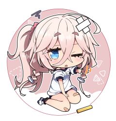  1girl absurdres ahoge bandaid bandaid_on_knee bandaid_on_leg between_legs black_buruma black_socks blue_eyes braid buruma cevio chibi commentary_request crossed_bandaids full_body gym_shirt gym_uniform hair_between_eyes hand_between_legs highres ia_(vocaloid) long_hair milkpanda off_shoulder one_eye_closed parted_lips pink_hair ponytail puffy_short_sleeves puffy_sleeves relay_baton shirt shoes short_eyebrows short_sleeves sitting socks solo squiggle thick_eyebrows twin_braids very_long_hair wariza white_footwear white_shirt 