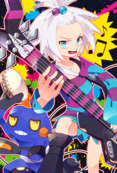 1girl bass_guitar beamed_eighth_notes black_footwear blue_eyes boots commentary_request croagunk eighth_note electric_bass_guitar freckles guitar hair_bobbles hair_ornament holding holding_bass_guitar holding_guitar holding_instrument instrument lower_teeth_only musical_note open_mouth open_shirt pohe pokemon pokemon_(creature) pokemon_bw2 roxie_(pokemon) shirt spiky_hair striped_clothes striped_shirt tambourine teeth topknot two-tone_shirt v-shaped_eyebrows white_hair
