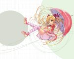  1girl ass blonde_hair blush brown_eyes hair_ribbon long_hair open_mouth original ozaki_hiroki panties pink_umbrella ribbon skirt smile solo striped striped_legwear striped_thighhighs thighhighs twintails umbrella wallpaper 