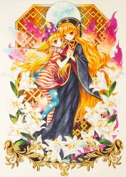  2girls american_flag_dress american_flag_legwear belt black_dress black_hat brown_belt chinese_clothes closed_mouth clownpiece crescent crescent_print dalachi_(headdress) dress energy fairy_wings flower flying full_body full_moon hair_between_eyes hand_up hat holding_hands jester_cap junko_(touhou) lily_(flower) long_hair long_sleeves looking_at_viewer mandarin_collar moon multiple_girls neck_ribbon no_shoes orange_hair pantyhose phoenix_print pink_eyes polka_dot_headwear pom_pom_(clothes) purple_hat red_eyes red_tabard ribbon smile socha standing star_(symbol) star_print striped_clothes striped_dress striped_pantyhose tabard tassel touhou transparent_wings very_long_hair white_flower wide_sleeves wings yellow_ribbon 