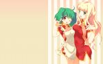 2girls apron blonde_hair blue_eyes chinese_clothes green_hair macross_frontier ranka_lee red_eyes sheryl_nome tagme twintails