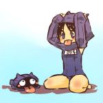  1girl black_hair blue_eyes blush blush_stickers detached_sleeves elbow_gloves hands_on_head hat hitec hood kneeling moemon one-piece_swimsuit personification pokemon pokemon_(creature) pokemon_(game) pokemon_rgby school_swimsuit shadow shell shellder short_hair simple_background smile swimsuit tongue 