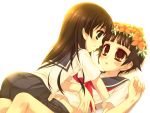  2girls ass bad_id blush brown_eyes brown_hair flower green_eyes hair_flower hair_ornament head_wreath hime_cut long_hair moriguchi_yuu multiple_girls saten_ruiko school_uniform serafuku short_hair simple_background skirt to_aru_kagaku_no_railgun to_aru_majutsu_no_index uiharu_kazari white_background yuri 