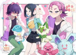  2girls :d absurdres alcremie black_hair black_shorts cake cake_slice cardigan commentary_request dot_(pokemon) feeding food fork fruit green_jacket green_pants hair_ornament hairclip heart highres jacket kiliko-san knees liko_(pokemon) multiple_girls nidothing on_shoulder open_clothes open_jacket open_mouth outline pants plate pokemon pokemon_(anime) pokemon_(creature) pokemon_horizons pokemon_on_shoulder purple_cardigan quaxly shirt shorts single_off_shoulder sleeveless sleeveless_shirt sleeves_past_fingers sleeves_past_wrists smile sprigatito strawberry tinkatink white_shirt yellow_bag 