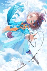  1girl :d above_clouds absurdres ankle_boots aqua_eyes bangs_blown_up blue_bow blue_dress blue_pants blue_scarf blue_sky boots bow brown_footwear brown_hair clouds cloudy_sky day dress floating flutterpage forehead from_side full_body hair_bow highres holding holding_rod holding_rope leaning_back long_dress long_sleeves lower_teeth_only open_mouth orange_scarf outdoors outstretched_arm outstretched_hand pants pants_under_dress pink_bow reaching reaching_towards_viewer reverse:1999 rope scarf short_hair simple_bird sky smile solo teeth two-tone_scarf yiyu_wusheng 