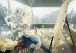  art_brush bare_shoulders blue_eyes braid canvas_(object) crystal dress elf janemere long_hair oekaki_musume original paintbrush painting pale_color pointy_ears scenery see-through silver_hair sitting skirt solo surreal thighhighs twintails white_hair zettai_ryouiki 