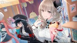  4girls :q admiral_graf_spee_(azur_lane) azur_lane banana bare_shoulders black_dress black_hair blue_eyes braid breasts brown_eyes clothing_cutout day deutschland_(azur_lane) dress eating flower food food_stand fruit gold_trim hat highres hyuuga_azuri large_breasts long_hair long_sleeves luetzow_(azur_lane) manjuu_(azur_lane) mechanical_hands mini_hat multicolored_hair multiple_girls nail_polish name_connection official_art outdoors peaked_cap pink_flower prinz_eugen_(azur_lane) red_nails red_scarf redhead scarf short_dress short_hair shoulder_cutout side_braid standing streaked_hair tongue tongue_out white_hair 