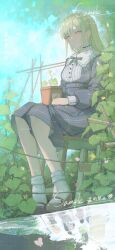  1girl absurdres bang_dream! bang_dream!_it's_mygo!!!!! blue_dress brh bug butterfly commentary_request crychic_(bang_dream!) different_reflection dress green_hair green_ribbon hair_ornament hairclip highres long_hair long_sleeves nagasaki_soyo neck_ribbon outdoors plant potted_plant reflection ribbon school_uniform shiina_taki sitting socks solo_focus takamatsu_tomori togawa_sakiko translation_request tsukinomori_school_uniform wakaba_mutsumi white_socks yellow_eyes 