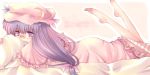 1girl barefoot bed bespectacled blush crescent glasses hat kokono_coco long_hair lying patchouli_knowledge purple_eyes purple_hair skirt solo touhou