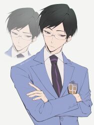  1boy absurdres artist_name black_hair blue_jacket buttoned_cuffs buttons closed_mouth collared_shirt commentary crossed_arms dress_shirt glasses grey-framed_eyewear grey_eyes highres jacket lapels light_frown looking_to_the_side male_focus notched_lapels ootori_kyouya op_saburo ouran_high_school_host_club ouran_high_school_uniform outline projected_inset round_eyewear school_emblem school_uniform semi-rimless_eyewear shirt short_hair simple_background solo under-rim_eyewear upper_body white_background white_outline white_shirt 