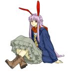  1girl alternate_costume alternate_hairstyle animal_ears boots braid buttons cross-laced_footwear dress_shirt frills highres hyounosen_ena jacket lace-up_boots long_hair long_skirt rabbit_ears red_eyes red_scarf reisen_udongein_inaba scarf shirt simple_background sitting skirt solo touhou very_long_hair white_background white_shirt 