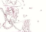  1girl broom dress eyelashes female frills hat hat_ribbon holding kirisame_marisa miri monochrome no_nose open_mouth purple ribbon short_sleeves simple_background solo star touhou traditional_media turtleneck white_background witch witch_hat 