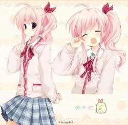  1other 2000s_(style) :d ahoge akiyama_mizuki blush brown_eyes commentary cowboy_shot english_commentary hair_ribbon highres jelly_(bonnybel) kamiyama_high_school_uniform_(project_sekai) long_hair long_sleeves looking_at_viewer multiple_views neck_ribbon pink_eyes pink_hair pleated_skirt project_sekai ribbon school_uniform side_ponytail sidelocks skirt sleeves_past_wrists smile solo 