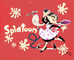  1girl absurdres alternate_costume apron black_hair callie_(splatoon) dress earrings fangs high_heels highres jewelry ke_sarami looking_at_viewer maid maid_apron polka_dot polka_dot_apron solo splatoon splatoon_(series) turtleneck turtleneck_dress twintails vacuum_cleaner 
