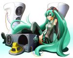 1girl blue_eyes blue_hair detached_sleeves hatsune_miku pleated_skirt speaker tagme thigh_boots tie twintails vocaloid white