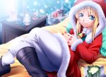  bed bell blonde_hair blue boots candle christmas chritsmas eyes fate/stay_night fate_(series) hat nail_polish pants pillow saber santa_costume santa_hat solo uraomote 