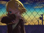  blue_eyes building city cityscape cloud hair_ornament hairclip highres jacket jewelry junji kagamine_rin necklace scenery short_hair sky solo tears vocaloid wince 