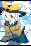  1girl aqua_eyes beni_shake blue_sky bow clouds hat hat_bow heart heart_of_string komeiji_koishi letterboxed long_sleeves looking_at_viewer open_mouth shirt silver_hair skirt sky smile solo third_eye touhou wide_sleeves 
