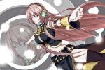  1girl blue_eyes boots double_lariat_(vocaloid) headphones long_hair megurine_luka midriff navel outstretched_arms pink_hair solo spread_arms takonasu thighhighs vocaloid zoom_layer 