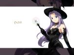  bare_shoulders blue_eyes braid breasts caster choker cleavage dress elbow_gloves fate/stay_night fate_(series) gloves glowing hat jewelry lace letterboxed lipstick long_hair necklace pendant pointy_ears purple_hair see-through side_braid smile solo takenashi_eri very_long_hair wallpaper wand witch witch_hat zoom_layer 