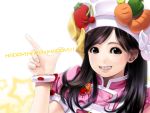  bad_id black_eyes black_hair carrot cherry cooking_idol_ai!_mai!_main! food fruit grin hands highres long_hair mai(idol) smile strawberry sumomo_kpa wallpaper 