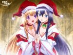  2girls blonde_hair blue_hair blush breasts choker christmas cleavage fujii_maki hat himemiya_chikane holding_hands holiday interlocked_fingers japanese_clothes kannazuki_no_miko kurusugawa_himeko long_hair miko multiple_girls official_art red_string santa_costume santa_hat 