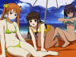  3girls barefoot beach heterochromia kagurazaka_asuna konoe_konoka mahou_sensei_negima miyazaki_nodoka outdoors swimsuit 